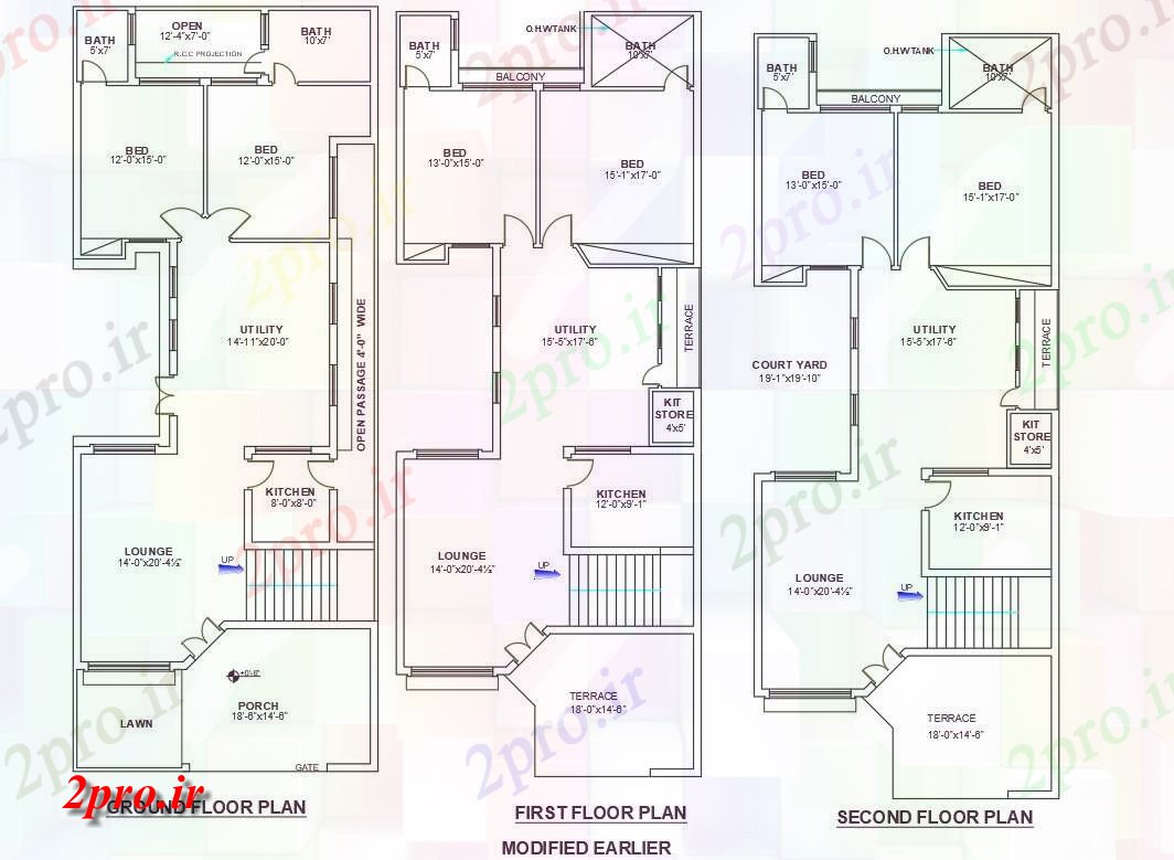 دانلود نقشه مسکونی ، ویلایی ، آپارتمان دو بعدی دو خوابه G + 2 خانه plan 9 در 22 متر (کد159086)