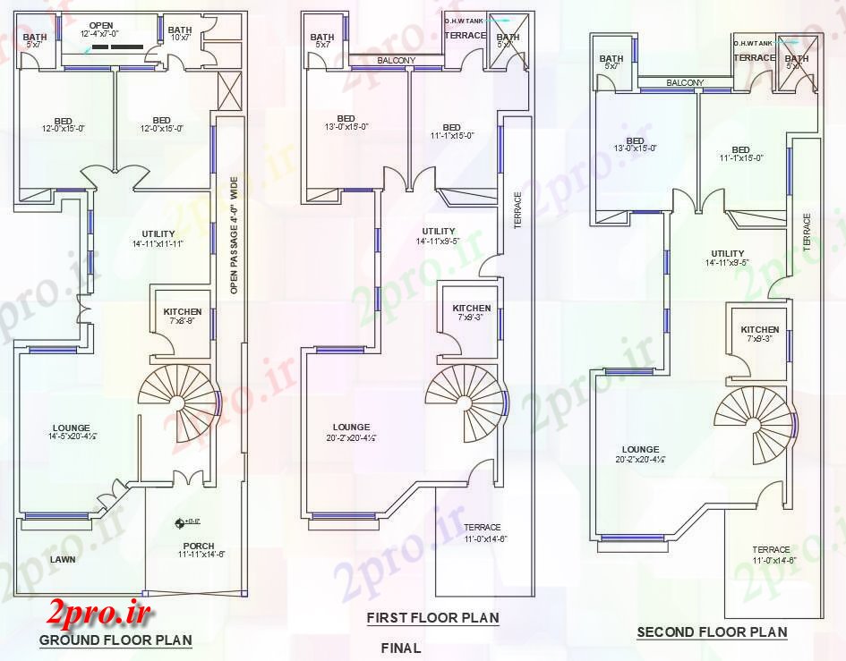 دانلود نقشه مسکونی ، ویلایی ، آپارتمان دو بعدی فاده از 30'X75، دو خوابه G + 2 طرحی خانه 9 در 22 متر (کد159087)