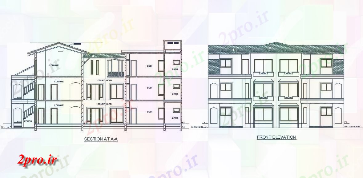 دانلود نقشه مسکونی  ، ویلایی ، آپارتمان  بخش زیبا و نما جلو رسم از 2BHK G + 2 House   اتوکد (کد159091)