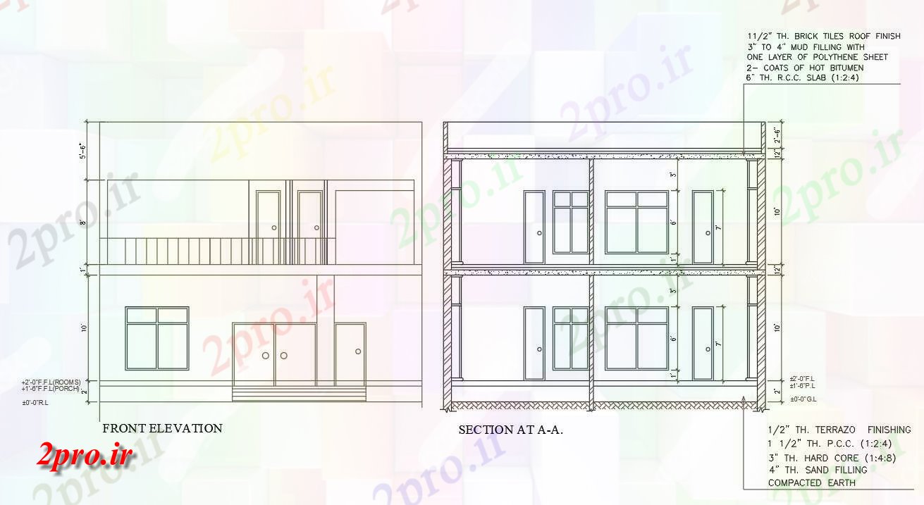 دانلود نقشه مسکونی  ، ویلایی ، آپارتمان  جبهه نما و بخش طراحی از 2 BHK G + 1 خانه اتوکد    (کد159094)