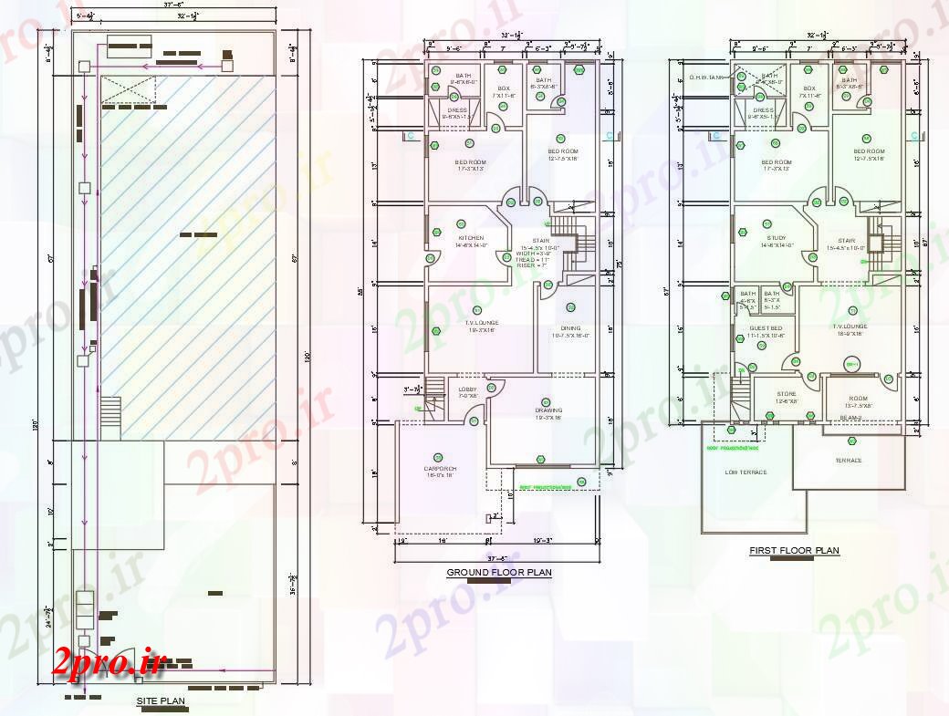 دانلود نقشه مسکونی ، ویلایی ، آپارتمان دو بعدی نشان 32 'X 85' G + 1 طرحی اصلی 11 در 25 متر (کد159100)