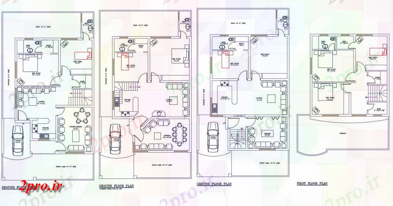 دانلود نقشه مسکونی ، ویلایی ، آپارتمان نشان می دهد دو بعدی انواع چهار 35'X64 از دو طرحی BHK خانه اتوکد files 10 در 19 متر (کد159108)