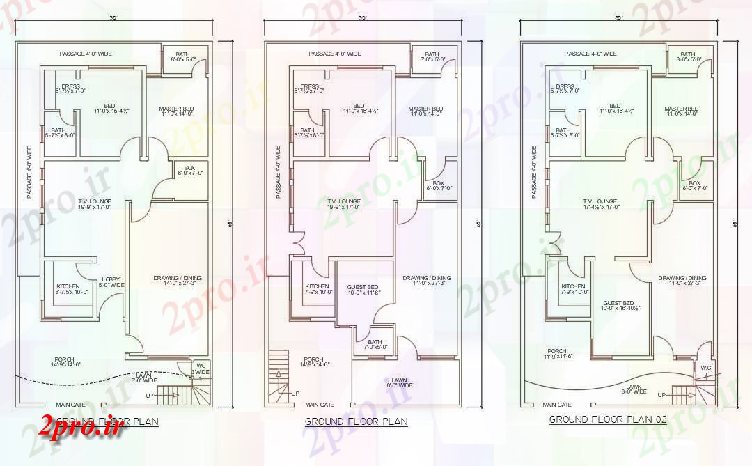 دانلود نقشه مسکونی ، ویلایی ، آپارتمان نشان می دهد سه نوع دو طرحی BHK خانه اتوکد files 35'X65 10 در 19 متر (کد159109)