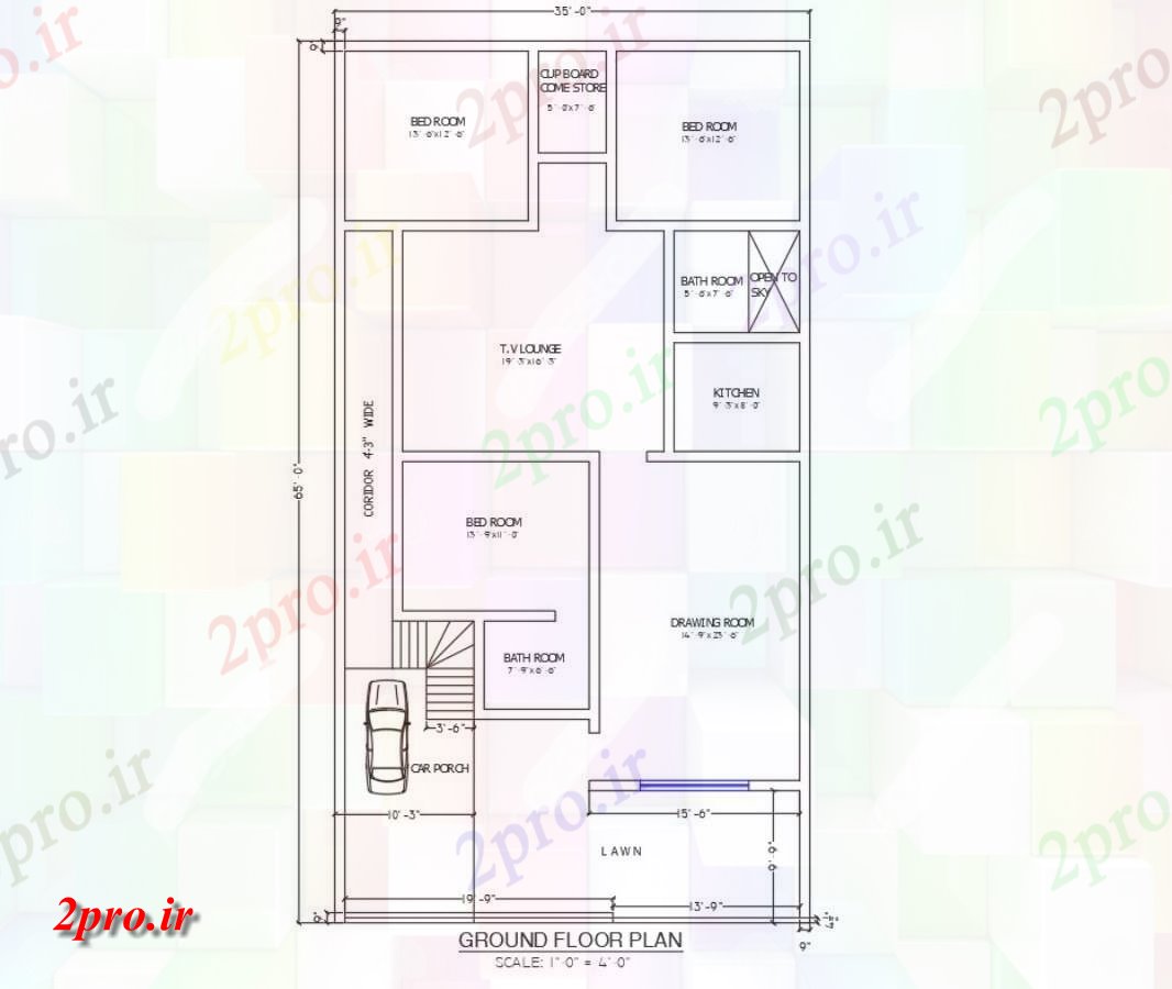 دانلود نقشه مسکونی ، ویلایی ، آپارتمان طراحی از دان زمین طرحی تنها خانه طبقه 3bhk اندازه 35'X65' 10 در 19 متر (کد159110)