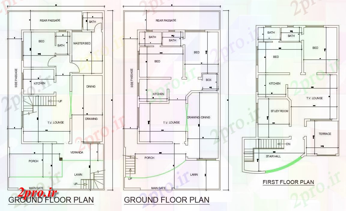 دانلود نقشه مسکونی ، ویلایی ، آپارتمان دو بعدی فاده از 35'X طرحی 65 '2 اتاق خواب G + 1 خانه 10 در 19 متر (کد159111)