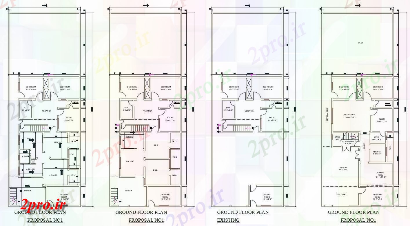 دانلود نقشه مسکونی ، ویلایی ، آپارتمان نشان می دهد چهار نوع طرحی 2BHK خانه 36'X99، 11 در 29 متر (کد159113)