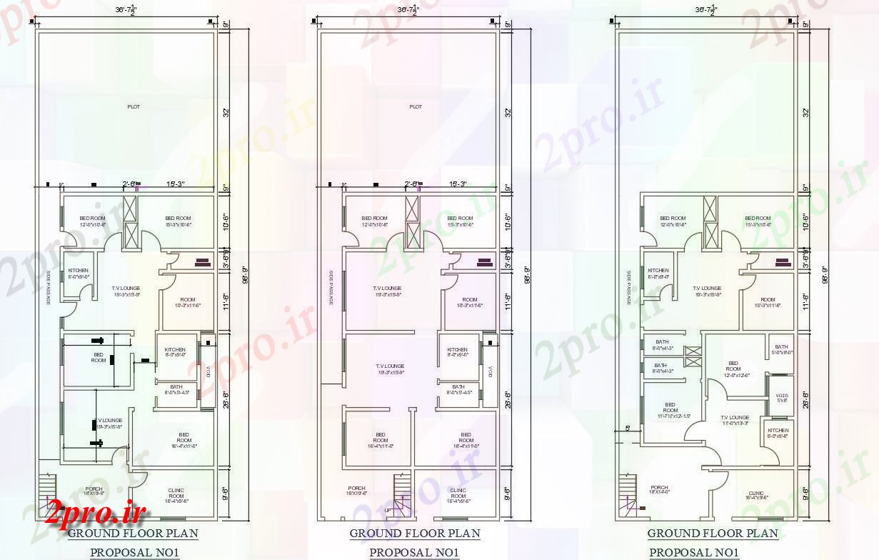 دانلود نقشه مسکونی ، ویلایی ، آپارتمان نشان می دهد 4 نوع از دو طرحی BHK خانه 36'X99، 11 در 29 متر (کد159114)