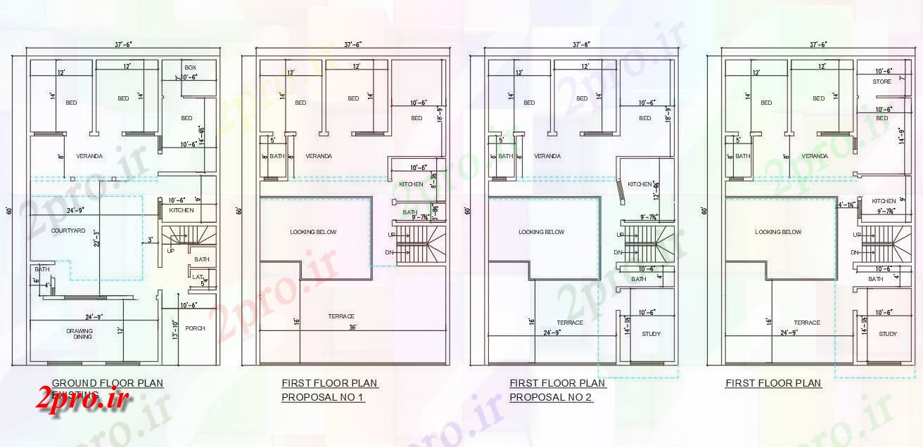 دانلود نقشه مسکونی ، ویلایی ، آپارتمان نشان می دهد طراحی 4 نوع از 37'6 سه گانه طرحی BHK خانه X60، اتوکد files 11 در 18 متر (کد159115)