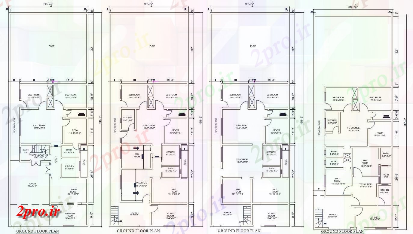 دانلود نقشه مسکونی ، ویلایی ، آپارتمان طراحی نشان می دهد چهار نوع 37 'X 99' 3 BHK خانه files 11 در 29 متر (کد159116)