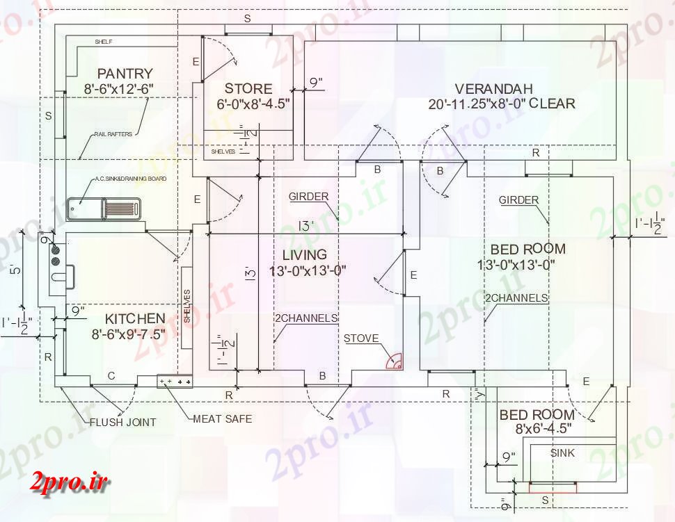 دانلود نقشه مسکونی ، ویلایی ، آپارتمان از تنها دان طبقه همکف 2 BHK طرحی خانه اندازه 38'X31' 23 در 30 متر (کد159117)