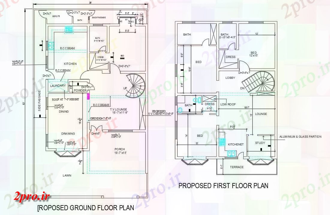 دانلود نقشه مسکونی ، ویلایی ، آپارتمان از 38'X63، 2BHK G + 1 طرحی خانه نشیمن، 11 در 19 متر (کد159122)