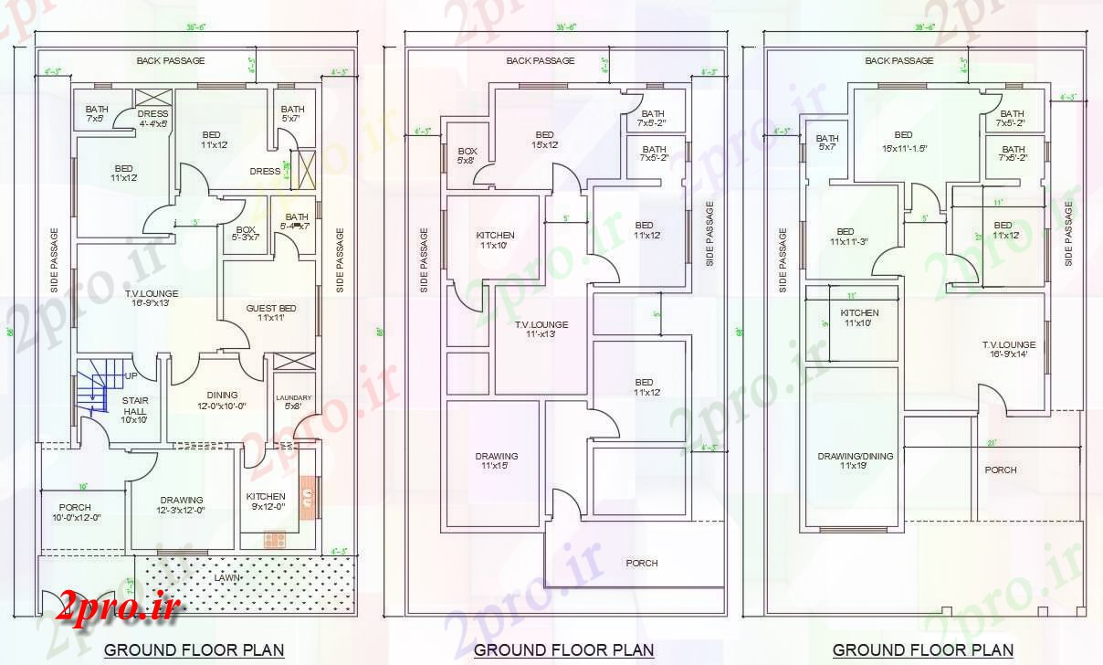 دانلود نقشه مسکونی ، ویلایی ، آپارتمان دو بعدی انواع shows3 طرحی 3BHK خانه اتوکد 38'X68 11 در 20 متر (کد159123)