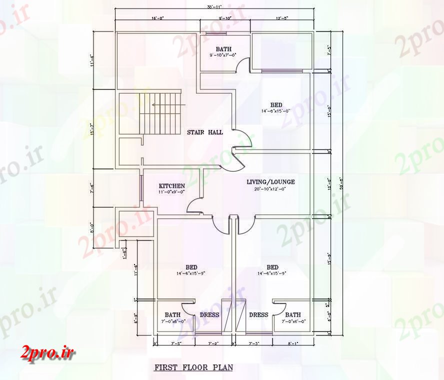 دانلود نقشه مسکونی ، ویلایی ، آپارتمان طبقه همکف پلان واحد طبقه خانه از اندازه 39'X60 11 در 18 متر (کد159124)