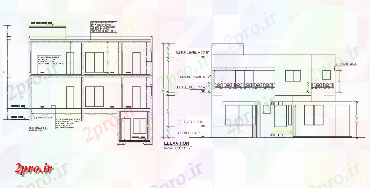 دانلود نقشه پلان مقطعی  طراحی نشان دادن جزئیات طرحی بخش، G + 1house طرحی با نما جلو و بخش طرحی در دسترس  (کد159125)