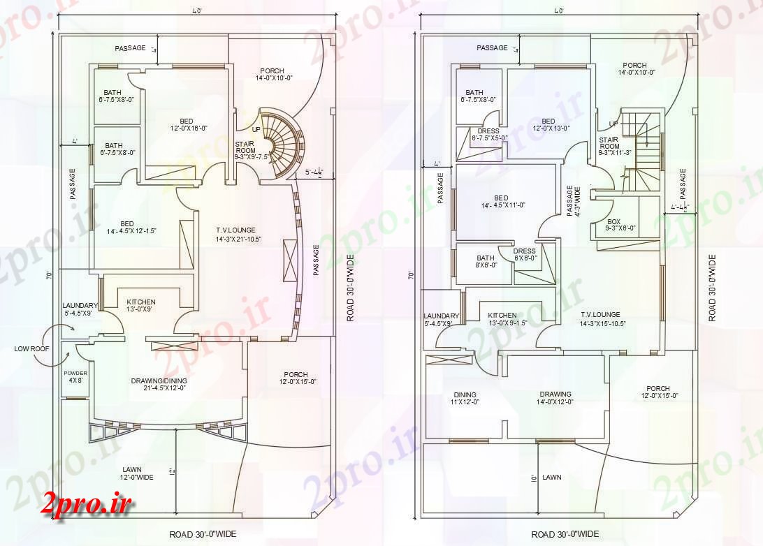 دانلود نقشه مسکونی ، ویلایی ، آپارتمان اتوکد show40'X70، 2 نوع از دو طرحی BHK خانه اتوکد 12 در 21 متر (کد159129)