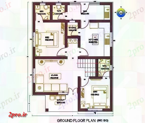 دانلود نقشه مسکونی ، ویلایی ، آپارتمان فوت مربع خانه طرحی شرق روبرو جهت 8 در 11 متر (کد159134)