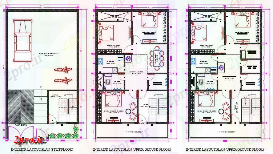 دانلود نقشه مسکونی ، ویلایی ، آپارتمان BHK معماری خانه طرحی مبلمان های کف (1200 فوت مربع) 8 در 14 متر (کد159135)