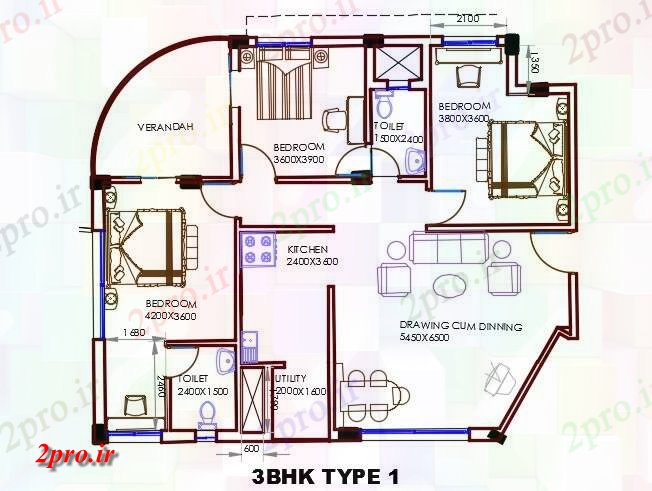 دانلود نقشه مسکونی  ، ویلایی ، آپارتمان  BHK خانه مبلمان   (کد159145)