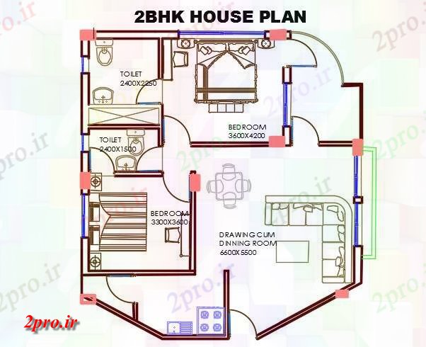 دانلود نقشه مسکونی  ، ویلایی ، آپارتمان  BHK خانه طرحی با مبلمان نشیمن به  (کد159151)