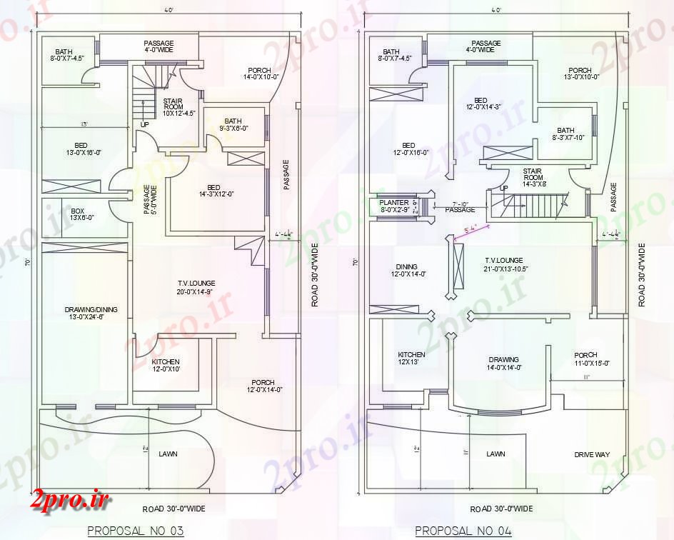 دانلود نقشه مسکونی ، ویلایی ، آپارتمان دو نوع مختلف به نشان می دهد 40'X70 از 2 طرحی BHK خانه طراحیs 12 در 21 متر (کد159170)