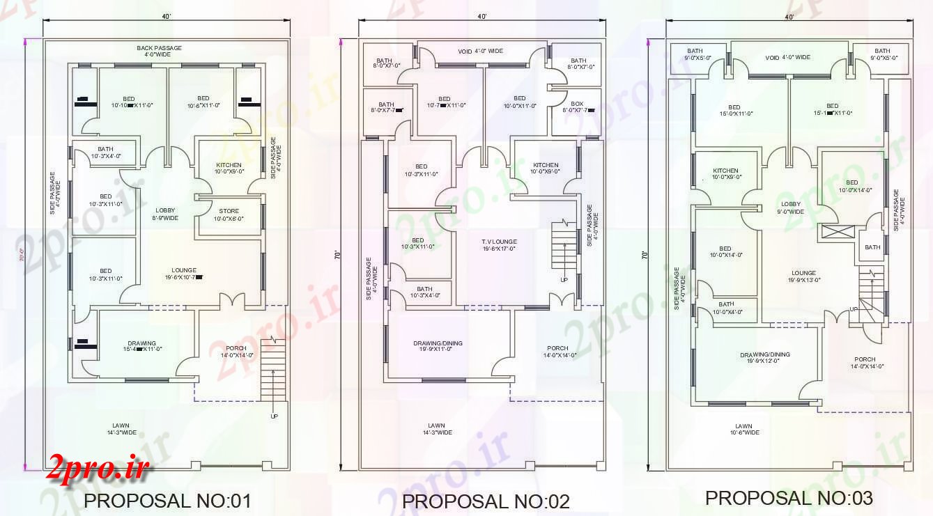 دانلود نقشه مسکونی ، ویلایی ، آپارتمان سه نوع مختلف اتوکد نشان می دهد 40'X70 از 2 طرحی BHK خانه طراحیs 12 در 21 متر (کد159171)