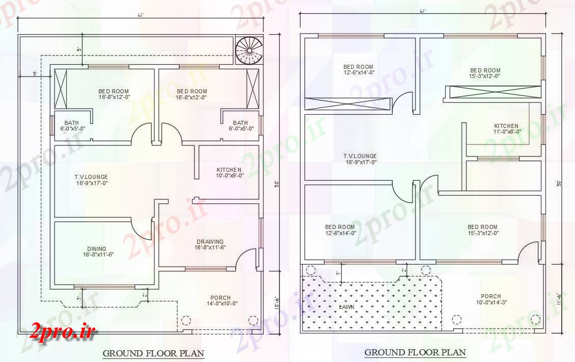 دانلود نقشه مسکونی ، ویلایی ، آپارتمان نشان می دهد دو بعدی دو نوع دو طرحی BHK خانه اتوکد files 41'X50 12 در 15 متر (کد159176)