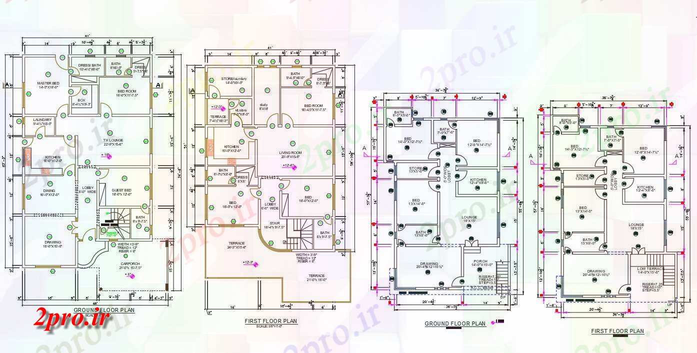 دانلود نقشه مسکونی ، ویلایی ، آپارتمان نشان می دهد دو نوع طرحی 2BHK G + 1 خانه ، 12 در 23 متر (کد159177)