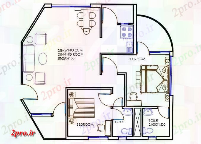 دانلود نقشه مسکونی  ، ویلایی ، آپارتمان  اتوکد 2 BHK خانه طرحی نشیمن با مبلمان چیدمان  (کد159178)