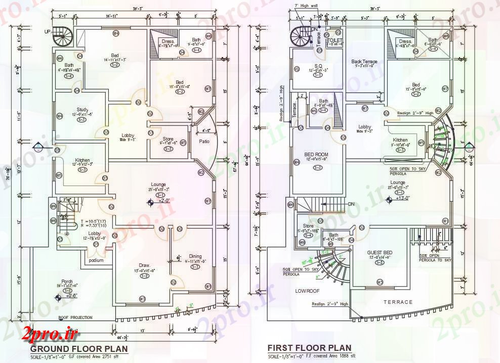 دانلود نقشه مسکونی ، ویلایی ، آپارتمان طرحی طبقه دو بعدی نشیمن نشان می دهد G + 1 طرحی خانه اتاق خواب سه 50'X90، 12 در 20 متر (کد159181)