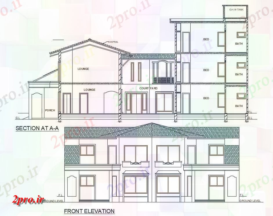 دانلود نقشه پلان مقطعی  طراحی را نشان می دهد بخش و نما جلو 2BHK G + 1 طرحی خانه      (کد159186)