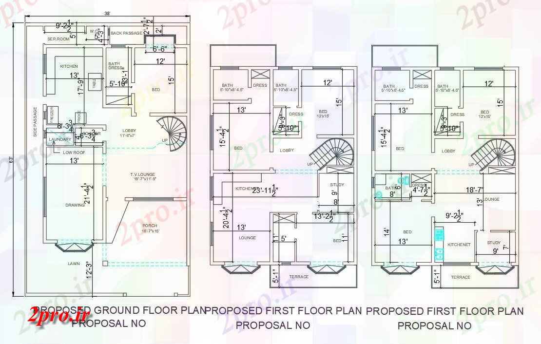 دانلود نقشه مسکونی ، ویلایی ، آپارتمان دو بعدی از 38'X63، 2BHK G + 1 پیشنهادی طرحی خانه چیدمان 11 در 19 متر (کد159189)