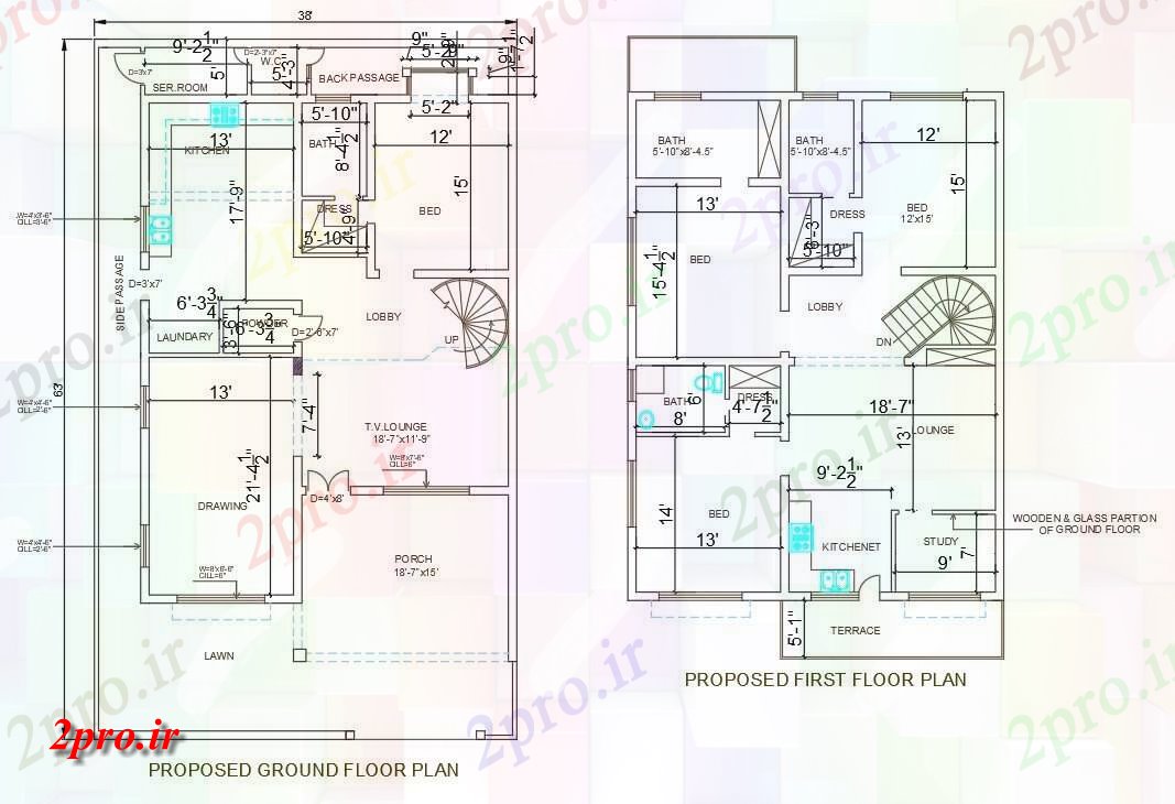 دانلود نقشه مسکونی ، ویلایی ، آپارتمان طراحی از 38'X63، 2BHK G + 1 خانه طراحی، 11 در 18 متر (کد159190)