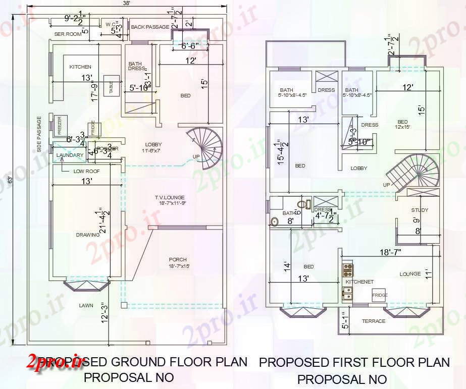 دانلود نقشه مسکونی ، ویلایی ، آپارتمان دو بعدی از 38'X63، 2BHK G + 1 خانه طراحی، 11 در 19 متر (کد159191)