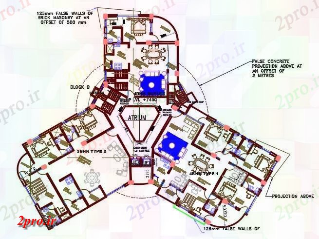 دانلود نقشه مسکونی  ، ویلایی ، آپارتمان  BHK و 4 BHK آپارتمان   مبلمان طرح (کد159192)