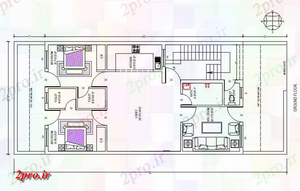 دانلود نقشه خانه های کوچک ، نگهبانی ، سازمانی - X 62 فوت جنوبی روبرو خانه زمین طرحی طبقه 8 در 18 متر (کد159194)