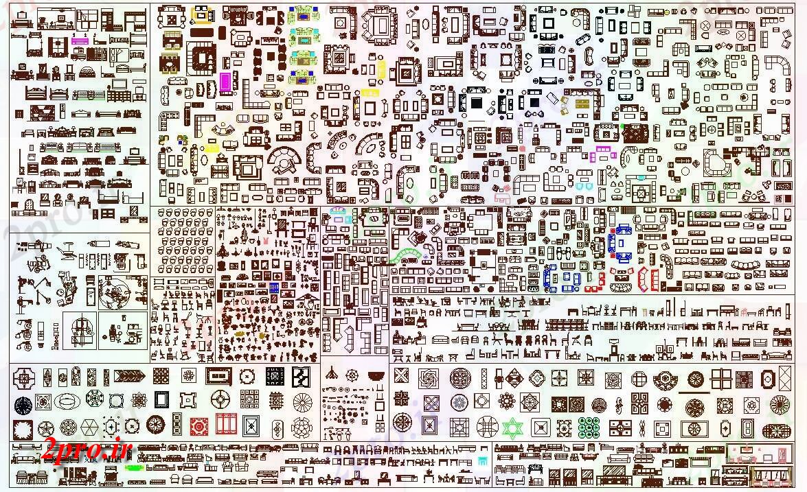 دانلود نقشه بلوک مبلمان اتوکد  دو بعدی   نشان می دهد انواع مختلف جداول، تخت و مجموعه های دیگر از مبلمان نشیمن بلوک   دو بعدی   (کد159202)