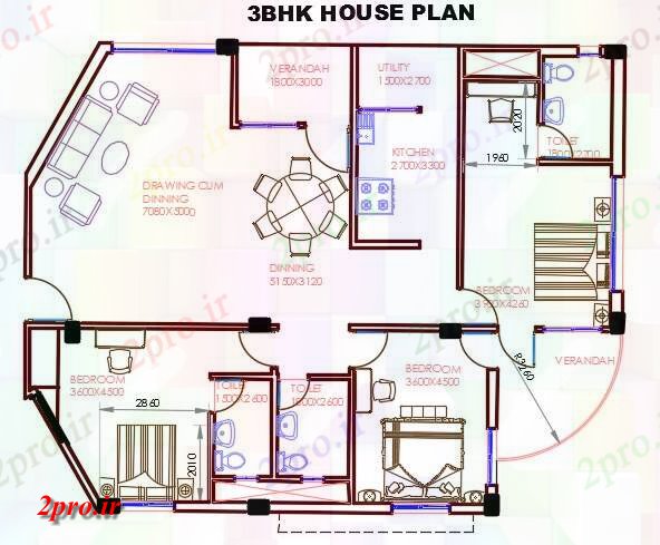 دانلود نقشه مسکونی  ، ویلایی ، آپارتمان  BHK خانه   (کد159234)