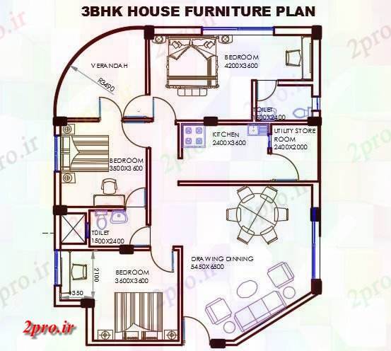 دانلود نقشه مسکونی  ، ویلایی ، آپارتمان  BHK خانه طرحی با مبلمان چیدمان اتوکد  (کد159236)