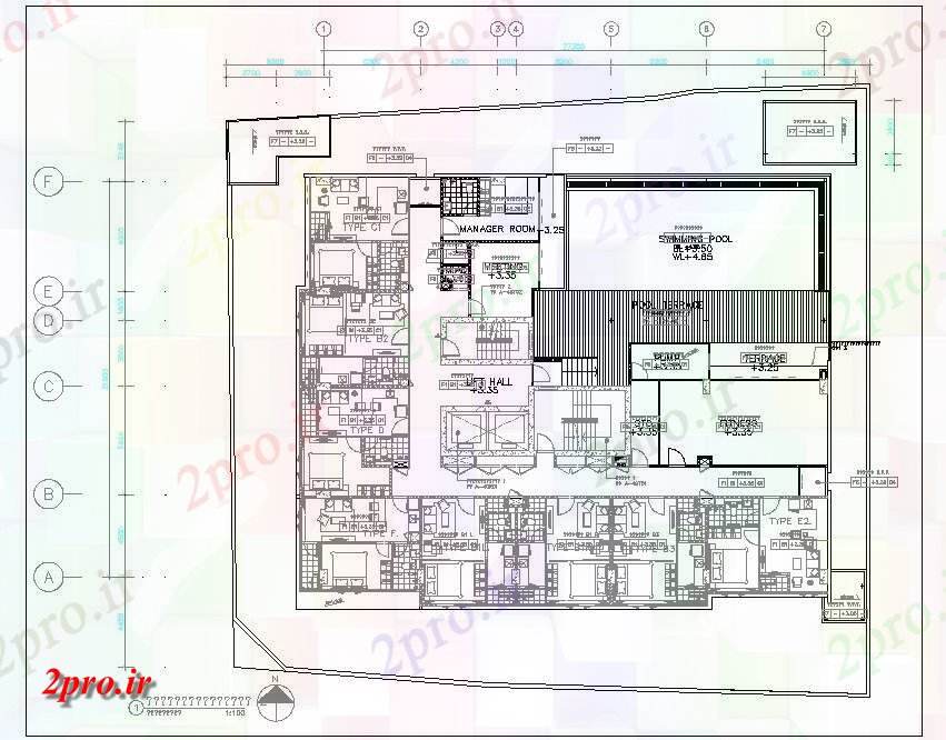 دانلود نقشه مسکونی  ، ویلایی ، آپارتمان  طراحی  نشان می دهد طرحی طبقه از تنها BHK هفت ردیف خانه آپارتمان   با شنا،   (کد159251)