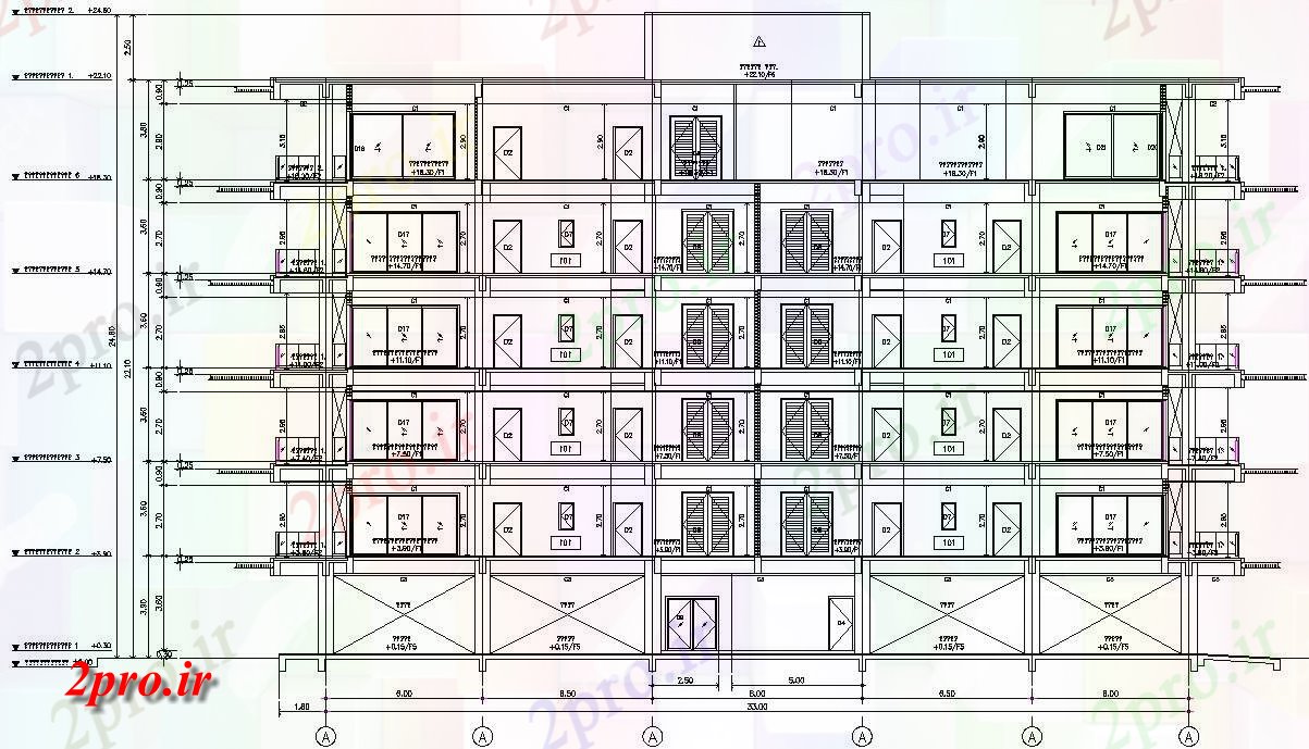 دانلود نقشه پلان مقطعی اتوکد   دو بعدی  نشان می دهد  جزئیات طراحی G + 5Apartment ساختمان مقابل نما    (کد159307)