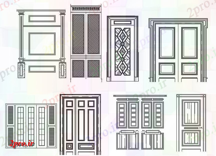 دانلود نقشه جزئیات طراحی در و پنجره   معماری   شامل طراحی نمای از طراحی درب های چوبی بسیار جذاب،   (کد159309)