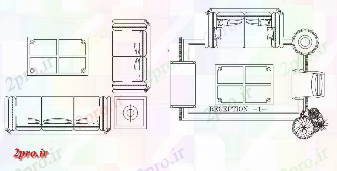 دانلود نقشه بلوک مبلمان دو نوع مختلف از مبل پذیرایی با طراحی کف حصیر دو بعدی  مبلمان اتوکد    (کد159421)