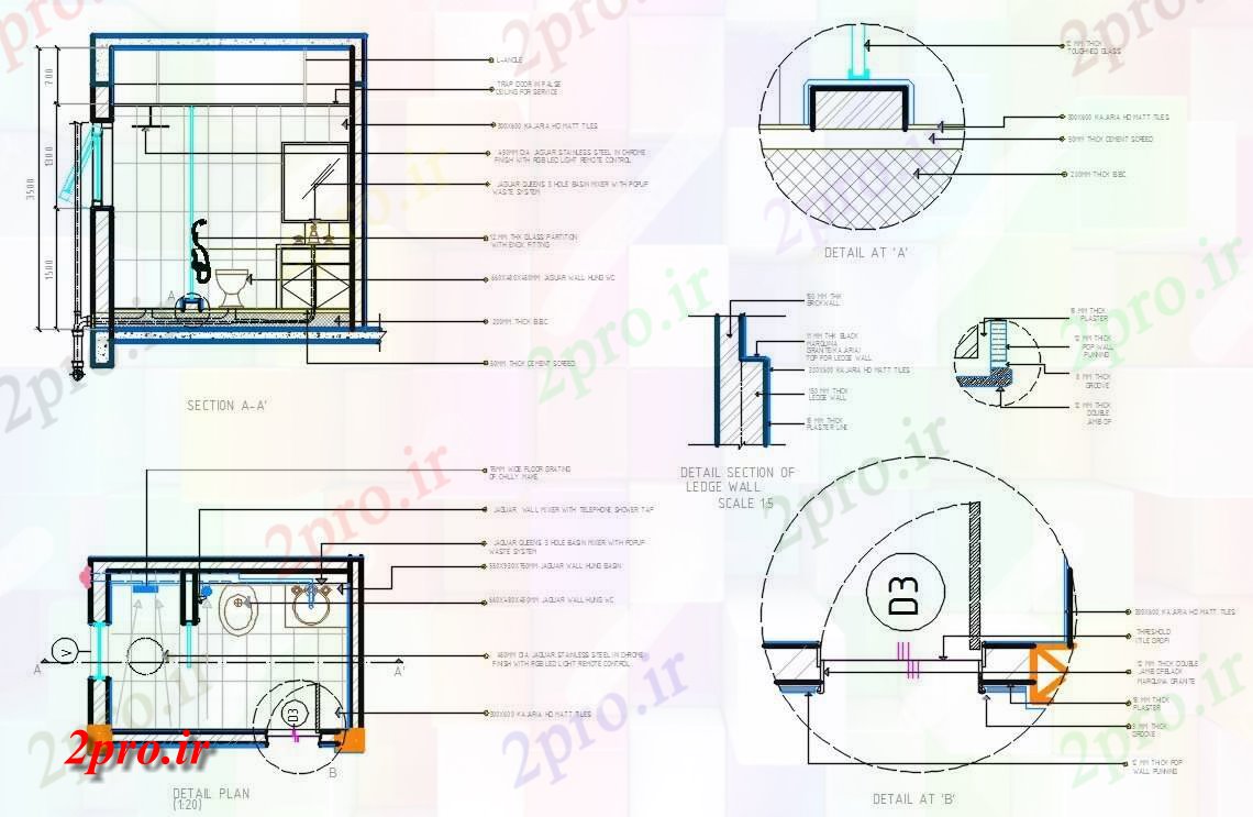 دانلود نقشه بلوک حمام و توالتحمام طرحی و بخش با لوله کشی نصب و راه اندازی  (کد159430)