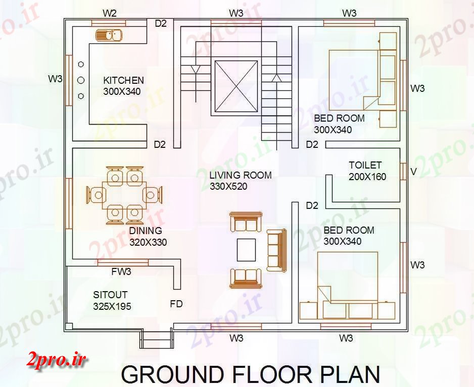 دانلود نقشه مسکونی ، ویلایی ، آپارتمان BHK خانه طبقه همکف مبلمان طرح 9 در 10 متر (کد159432)