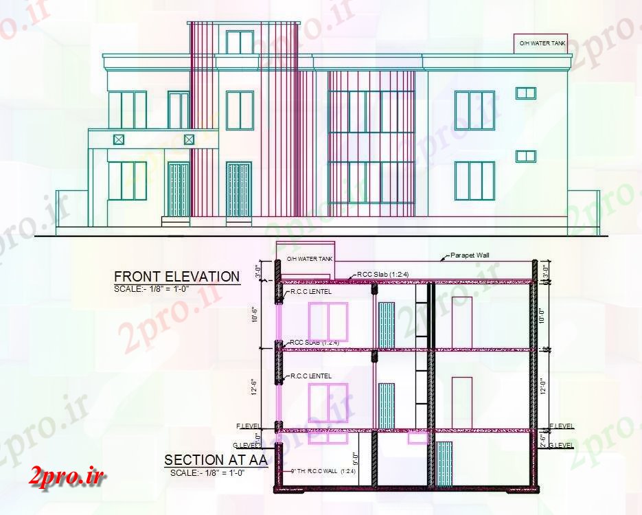 دانلود نقشه خانه های کوچک ، نگهبانی ، سازمانی - مدرن 2 طبقه ویلایی نمای جلو و بخش  (کد159435)