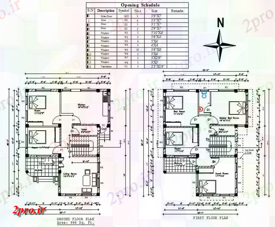 دانلود نقشه مسکونی ، ویلایی ، آپارتمان شمالی 1000 فوت مربع خانه طرحی با درب پنجره برنامه 9 در 11 متر (کد159439)