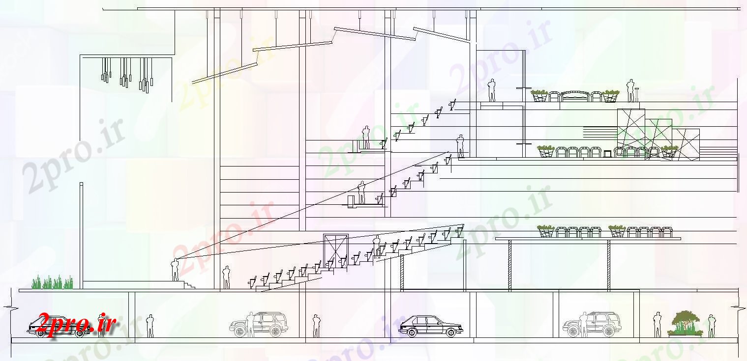 دانلود نقشه پلان مقطعی  دو بعدی   از سالن کنفرانس بخش معمولی و نما جزئیات معماری    (کد159469)