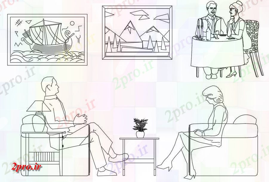 دانلود نقشه بلوک افراد  طراحی  شامل انواع مختلفی از هنر خلاق قاب بلوک و مردم نشسته در قالب طرحی بلوک صندلی    (کد159474)