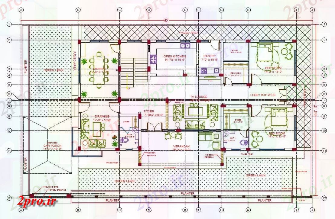 دانلود نقشه خانه های کوچک ، نگهبانی ، سازمانی - طرحی خط معماری مرکز خانه با مبلمان 17 در 27 متر (کد159486)