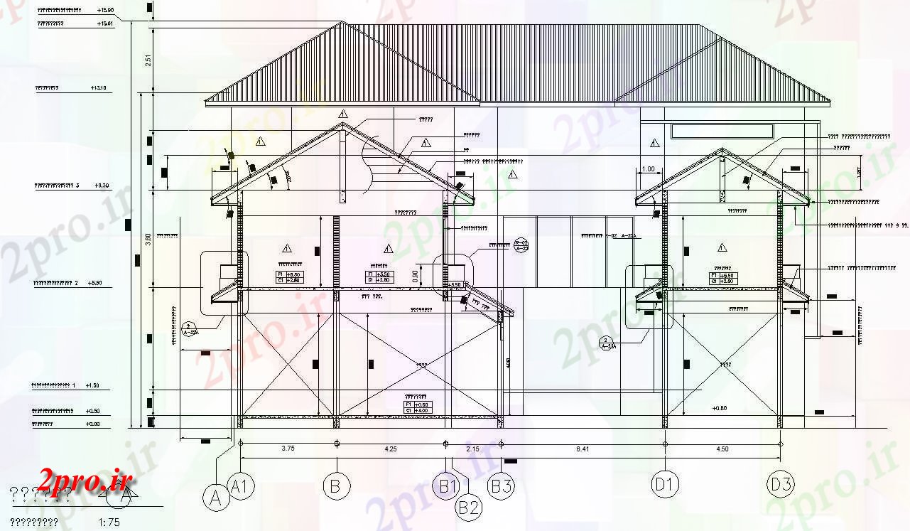 دانلود نقشه مسکونی  ، ویلایی ، آپارتمان     دو بعدی  از G + 1 مسکونی نما و بخش جزئیات جلو،   (کد159541)